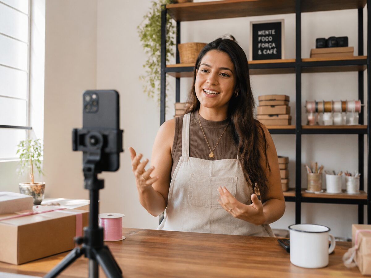 Empreendedora sorrindo enquanto grava um vídeo com o celular no tripé, no próprio ateliê